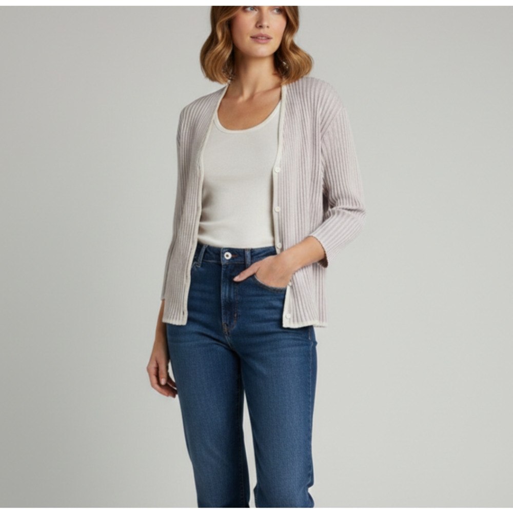 Bitte Kai Rand‎ Ribbed Button Front Knit Cardigan Sweater Taupe Lavender Medium
